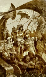 Cleopatra bij de Slag bij Actium, illustratie uit The Illustrated History of the World, gepubliceerd ca. 1880