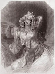 Cleopatra (Antonius en Cleopatra) in - "Galerie des femmes de Shakespeare, collectie van vijfenveertig serieuze portretten door vroege Londense kunstenaars, verrijkt met kritische en literaire opmerkingen" circa 1838 - uit "Gallery of the women of Shakespe