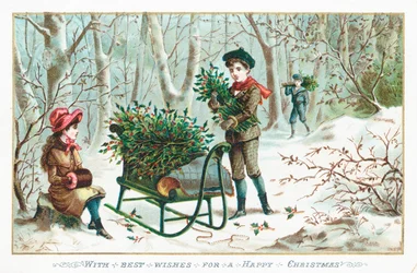 Hulst verzamelen in het bos, Kerstkaart