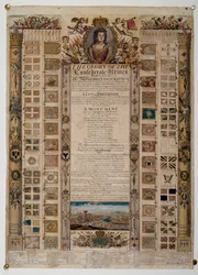 Herdenkingskaart met standaarden veroverd van de Fransen na de Slag bij Blenheim, ca. 1704