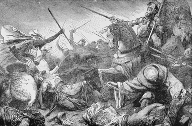 Conflict met de Saracenen, uit De Geschiedenis van Frankrijk, door Emile de Bonnechose, uitgegeven door Ward, Lock en Co, Londen