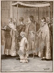 Kroning van Richard in Westminster Abbey: de processie door het schip, illustratie uit Cassells Geïllustreerde geschiedenis van Engeland
