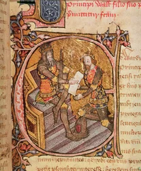 Cotton Nero D VI fol.31 Eduard III verleent de Zwarte Prins het prinsdom Aquitanië