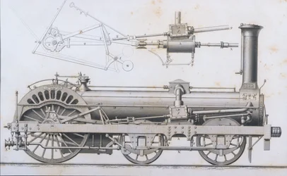 Cramptons spoorweg locomotief stoommachine uit Cyclopaedia of Useful Arts & Manufactures, bewerkt door Charles Tomlinson, ca. 1880s