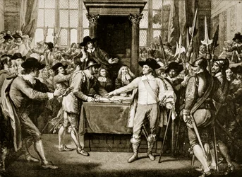 Cromwell ontbindt het Lange Parlement, 1653, illustratie uit Hutchinsons Story of the British Nation, ca. 1923