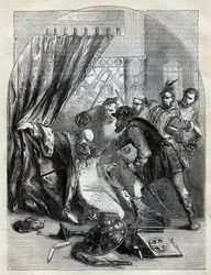 Dood van Kardinaal Beaton, 29 mei 1546 - Kardinaal David Beaton (ca. 1494-1546), Aartsbisschop van St. Andrews, vermoord tijdens de Schotse Reformatie - gravure uit 