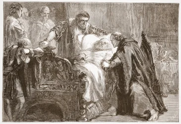 Dood van Frederik de Wijze, keurvorst van Saksen, illustratie uit De Geschiedenis van het Protestantisme door James Aitken Wylie, 1878