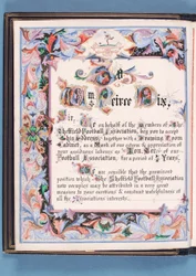 Toewijding van een toespraak gepresenteerd door de Sheffield Voetbalbond aan William Pierce-Dix bij zijn pensionering als Secretaris, 1882 (inkt op papier)