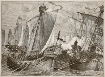 Nederlaag van de Franse vloot in het Engelse Kanaal, illustratie uit Cassells Geïllustreerde Geschiedenis van Engeland