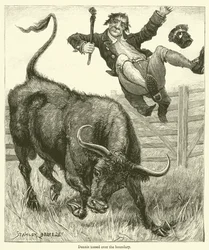 Dennis over de grens gegooid (gravure)