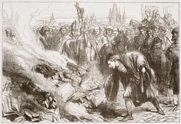 Vernietiging van de werken van Wicliffe in Praag, illustratie uit The History of Protestantism door James Aitken Wylie (1808-1890), gepubliceerd 1878