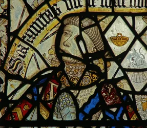 Detail van een raam met de schenker (glas-in-lood) (detail)