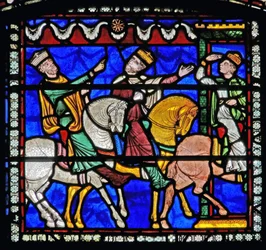 Detail van een van de Bijbelramen met de wijzen te paard die de ster volgen