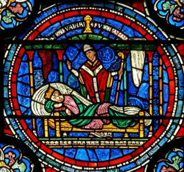 Detail van het Wonderraam met koning Lodewijk VII die door Thomas wordt verteld naar zijn graf te gaan