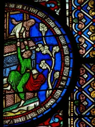 Detail uit het oostelijke raam van de Trinity Chapel met David die de stad ontvlucht