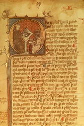 Detail van een sierlijke letter in een 14e-eeuws manuscript. Duns Scotus geeft les aan zijn studenten