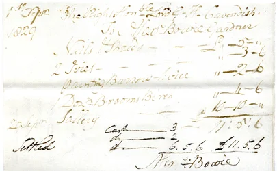 Devonshire MSS AS 3101, folio uit een bundel rekeningen vereffend door Pinder Simpson voor Lord George Cavendish, inclusief de rekening van Alexander Bowie