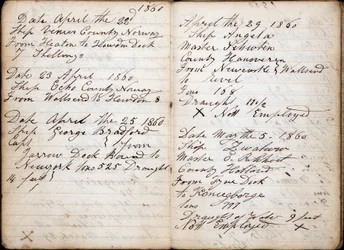Dagboek met gegevens over schip, datum, kapitein, land, bestemming, vertrek, gewicht en diepgang van elke reis