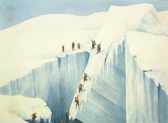 Moeilijke doorgang van een spleet, uit A Narrative of an Ascent to the Summit of Mont Blanc door Charles Fellows (1799-1860), gepubliceerd 1827