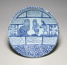 Schaal met een kat, een uil en een aap die in een spiegel kijken, 1688