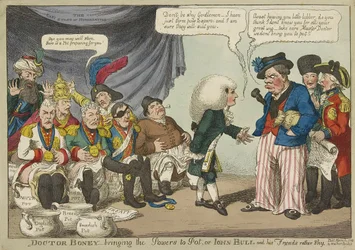 Doctor Boney brengt de machten tot pot, of John Bull en zijn vrienden nogal verlegen, pub. 1808 (handgekleurde gravure)