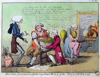 Dokter Sangrado verlicht John Bull van de gele koorts