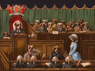 Honden in een rechtszaalscène (chromolitho)