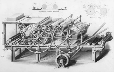 Dubbele cilinder drukmachine uit Cyclopaedia of Useful Arts & Manufactures, bewerkt door Charles Tomlinson, ca. 1880s