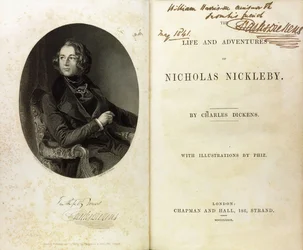 Dubbele pagina met een portret van Dickens en een toewijding van Dickens aan William Harrison Ainsworth