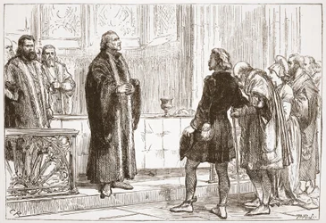 Dr. Haller deelt het Avondmaal uit in de kathedraal van Bern, illustratie uit De Geschiedenis van het Protestantisme door James Aitken Wylie, gepubliceerd in 1878