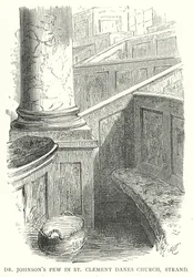 Dr Johnsons kerkbank in St Clement Danes Church, Strand (gravure)