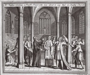 Dr. Taylor berispt een pauselijke priester die op het punt stond de mis op te dragen in de kerk van Hadley, illustratie uit Foxes Martelaren ca. 1703