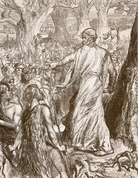 Druïden die de Britten aanzetten om de landing van de Romeinen te weerstaan, illustratie uit Cassells Illustrated History of England