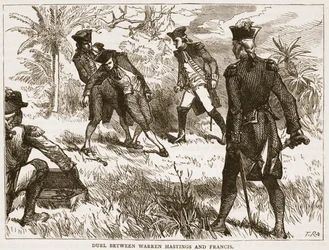 Duel tussen Warren Hastings en Francis, illustratie uit Cassells Geïllustreerde Geschiedenis van India door James Grant, uitgegeven 1879