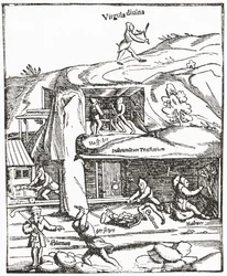 Vroege voorstelling van de Wichelroede, met een figuur met een wichelroede boven de grond op zoek naar water, kolen of goud en de mijnwerkers onder de grond die zwoegen om kolen te vinden. Uit The Strand Magazine gepubliceerd 1897.