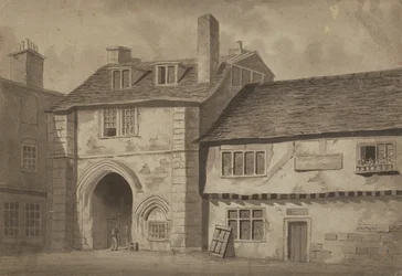 Oostelijk uitzicht op de poort naar de Abdij van St Saviour, Bermondsey, c.1825