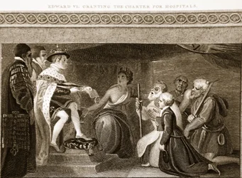Edward VI verleent het handvest voor ziekenhuizen, illustratie uit David Humes The History of England, uitgegeven door R. Bowyer, Londen, 1812