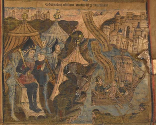 Eduard van York, samen met de Graven van Salisbury en Warwick, vertrekt naar Calais na de Slag bij Ludford Bridge. Koning Hendrik VI kijkt triomfantelijk toe (illustratie uit 