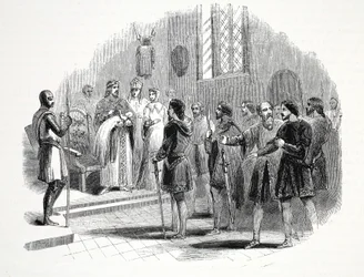 Edward de Eerste presenteert de Welshe stamhoofden een prins geboren onder hen, in Rhuddlan Castle