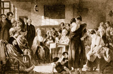Elizabeth Fry leest de Bijbel in een gevangenis