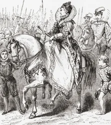 Elizabeth I inspecteert haar troepen in Tilbury Port, 1588, uit Ward en Locks Geïllustreerde Geschiedenis van de Wereld, pub. c.1882