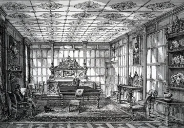 Elizabethaanse eetkamer, gepubliceerd in The House-Furnisher & Decorator, 1 oktober 1872