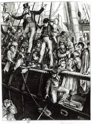 Emigranten verlaten Oud Engeland, uit het tijdschrift The Graphic, 18 december 1869