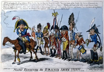 Engelse cartoon die Joachim Murat (1767 - 1815), maarschalk van het Keizerrijk aan het hoofd van de Grote Armee, afbeeldt. Januari 1813.