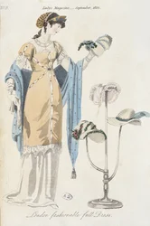 Engelse modeplaat die een jonge vrouw toont die een hoed kiest, 1812