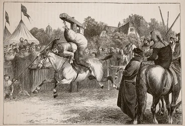 Engelse vrolijkheid in de veertiende eeuw: Steekspel bij de Quintain, illustratie uit Cassells Geïllustreerde Geschiedenis van Engeland
