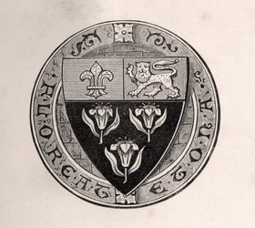 Eton-schild gelegd over rondel met schoolmotto, illustratie uit Memoirs of Eminent Etonians, door Sir Edward Creasy gepubliceerd in Londen 1876
