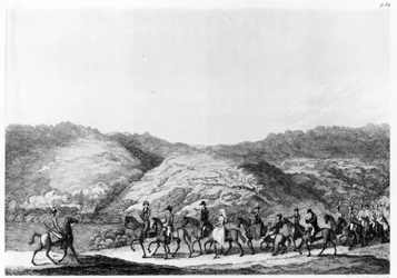 Expeditie naar het binnenland geleid door de Mist, uit Travels in Southern Africa door Hinrich Lichtenstein, gegraveerd door George Corbould, 1812