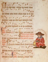 Muziekblad met een tekening van een melaatse, c.1400