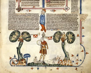 Man die een fluit en trommel speelt, uit de Smithfield Decretals, c.1340